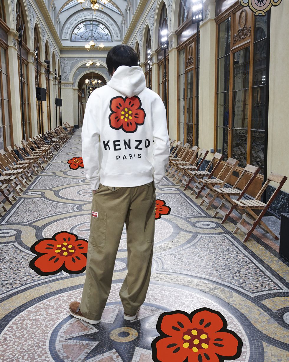 the oversize hoodie and carpenter pants from the kenzo boke flower collection by nigo