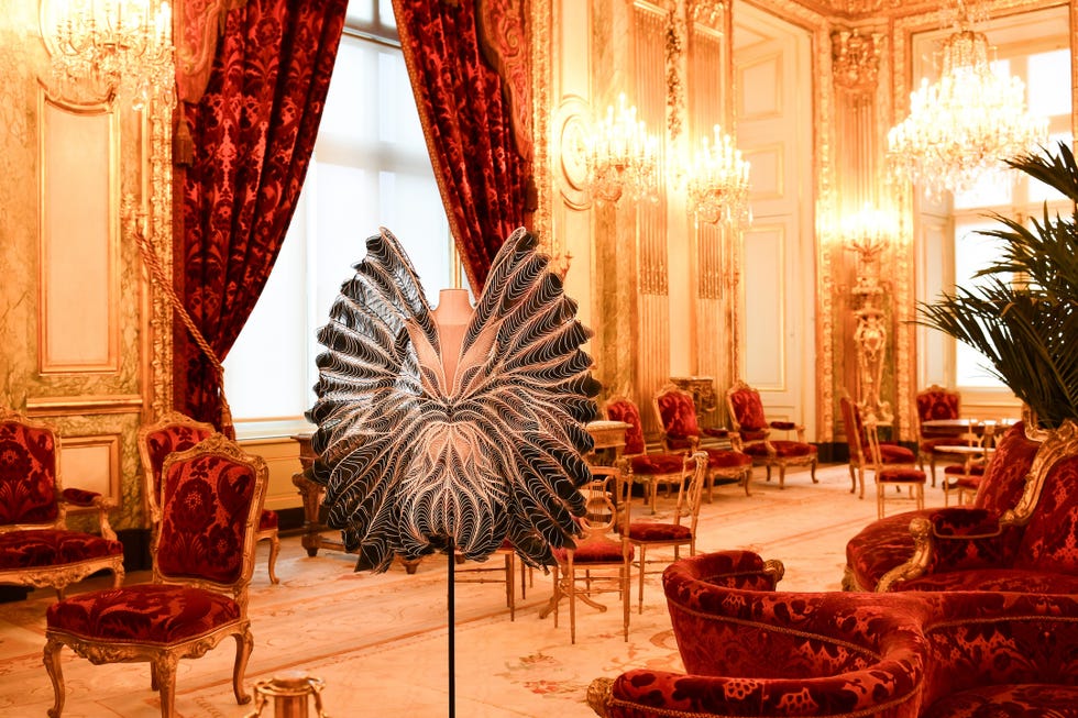 avantgarde dress displayed in an opulent room with classic decor