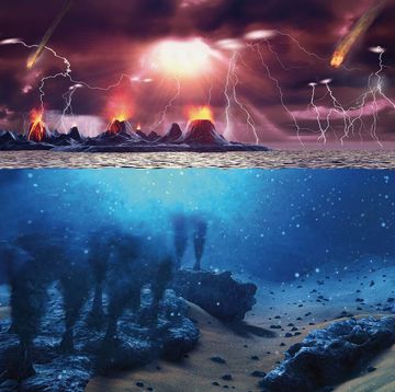 een illustratie van hoe het eerste leven op aarde mogelijk is ontstaan, wellicht door blikseminslag