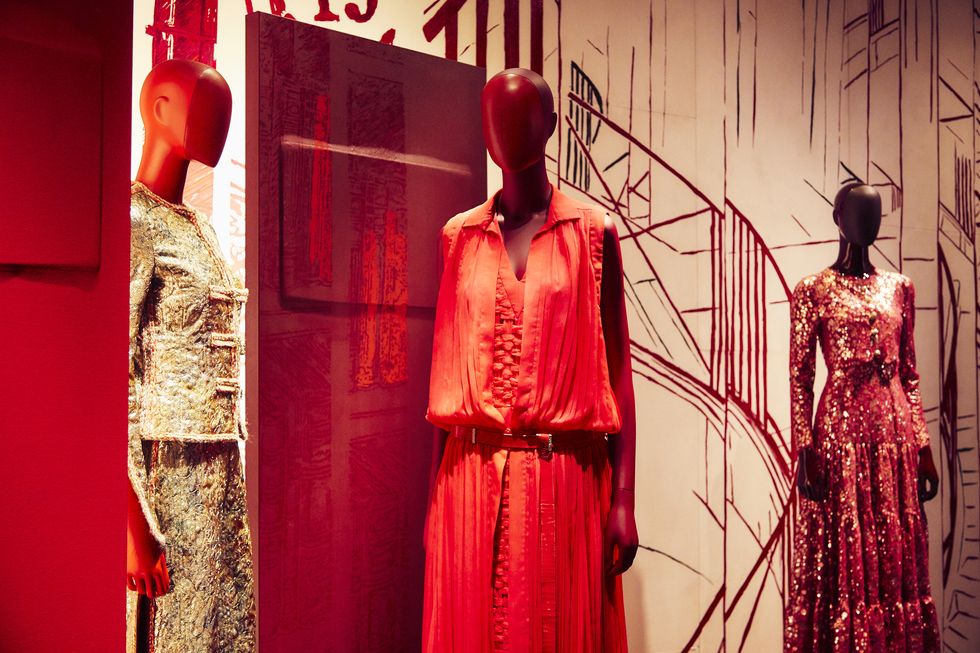 Red, Clothing, Dress, Fashion, Fashion design, Formal wear, Display window, Textile, Window, Haute couture, 