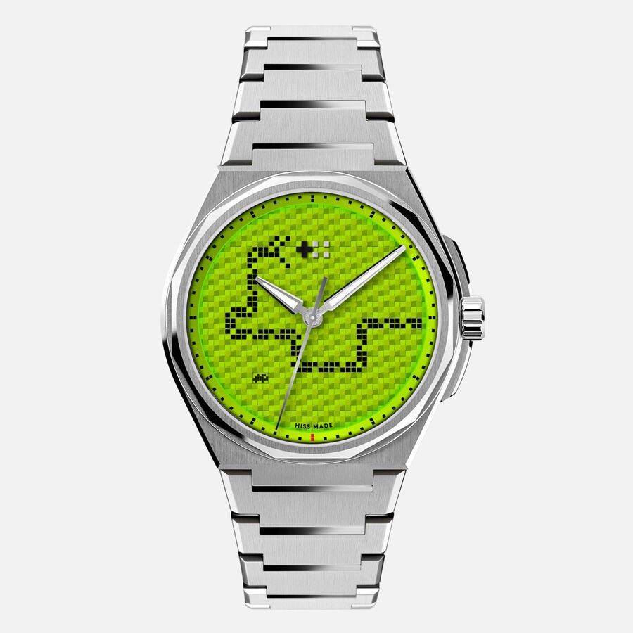 Digital watch with a green face with a snake game design