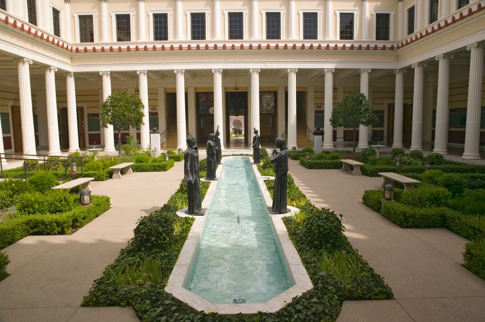 Colonnade and long pool of the Getty Villa, Malibu Villa of the J. Paul Getty Museum in Los Angeles, California