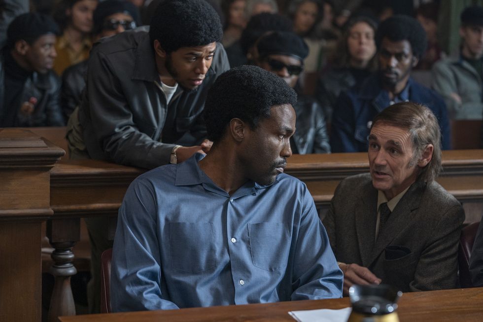 the trial of the chicago 7 l to r kelvin harrison jr as fred hampton, yahya abdul mateen ii as bobby seale, mark rylance as william kuntsler in the trial of the chicago 7 cr niko tavernisenetflix © 2020