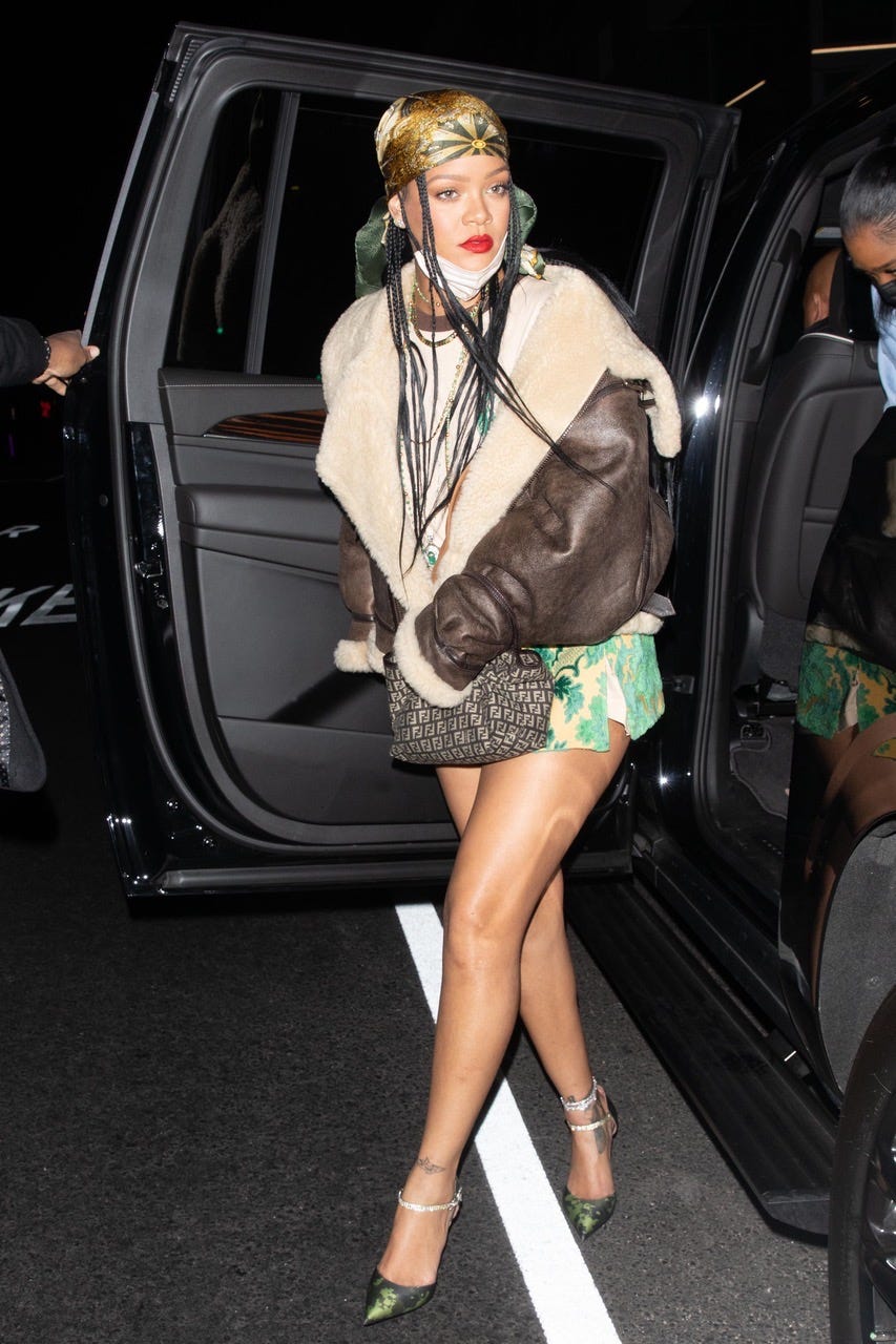 Rihanna Wears Her Favorite R13 Shearling Coat with a Miniskirt