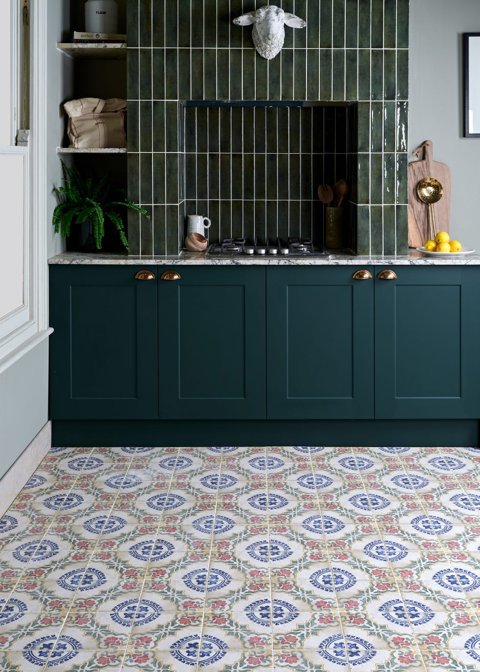 patterned kitchen floor tiles, green kitchen units and dark green wall tiles