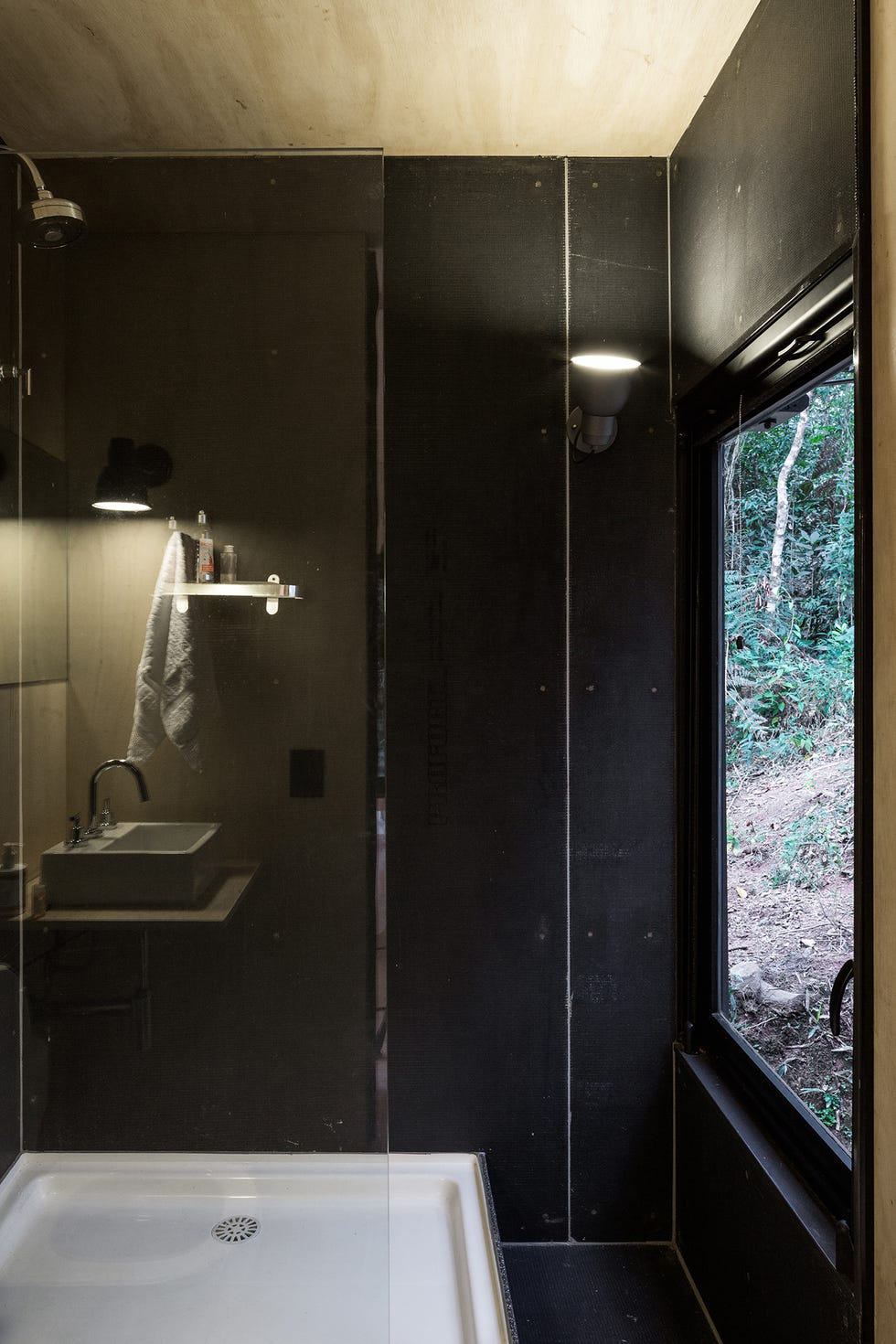baño con ducha decorado en color negro y vistas al bosque
