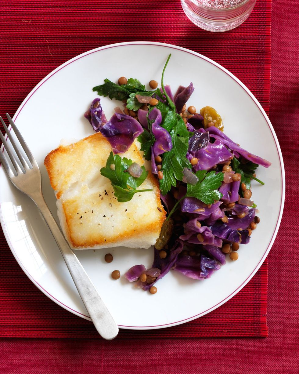 quick braised red cabbage and lentils with seared cod