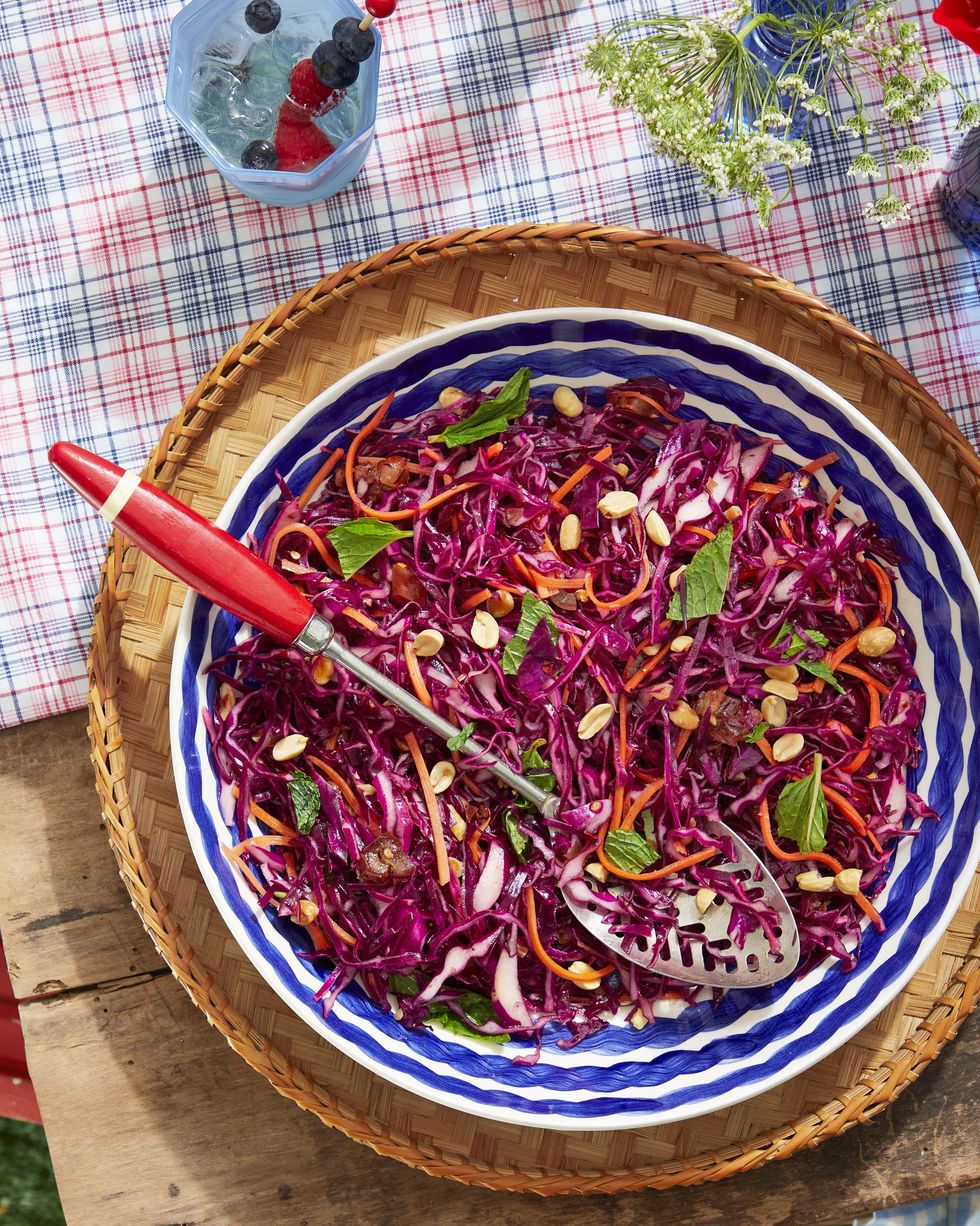 red cabbage slaw with peanuts, dates, and mint