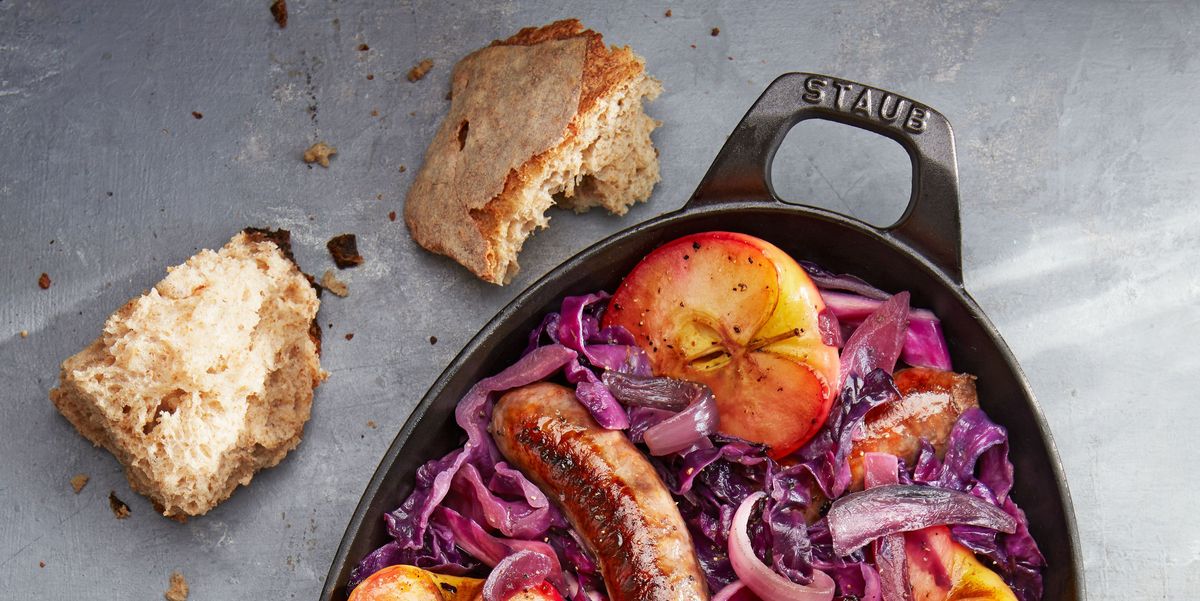 seared sausage with cabbage and pink lady apples