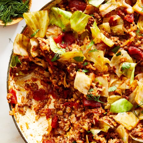 cabbage roll skillet sprinkled with fresh dill and parsley