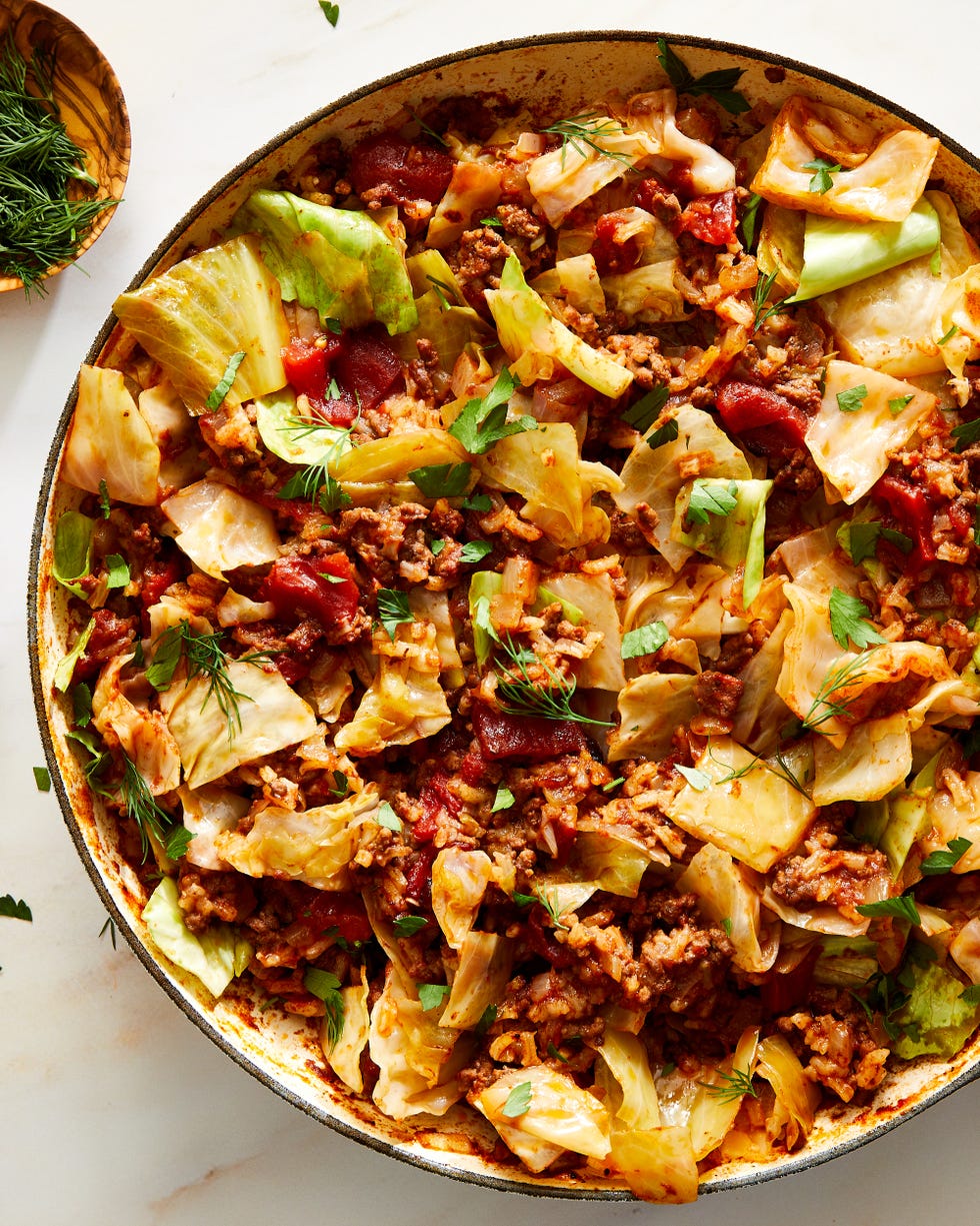 cabbage roll skillet sprinkled with fresh dill and parsley