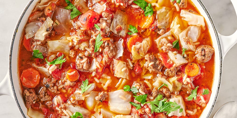 cabbage roll soup with cabbage and meat in a tomato broth