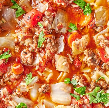 cabbage roll soup with cabbage and meat in a tomato broth