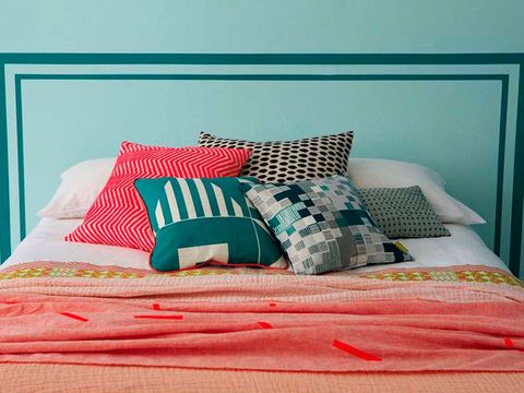 Bedroom, Bed sheet, Furniture, Bed, Bedding, Pillow, Room, Turquoise, Blue, Aqua, 