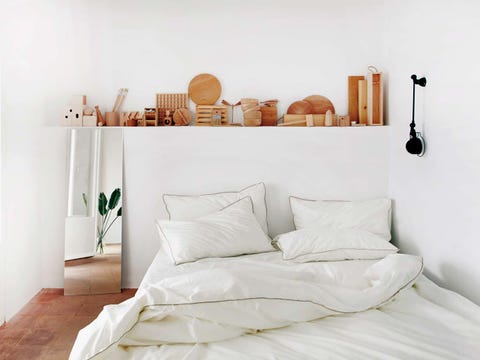 Furniture, Bedroom, Room, Wall, Bed, Interior design, Shelf, Bed sheet, Bedding, Floor, 