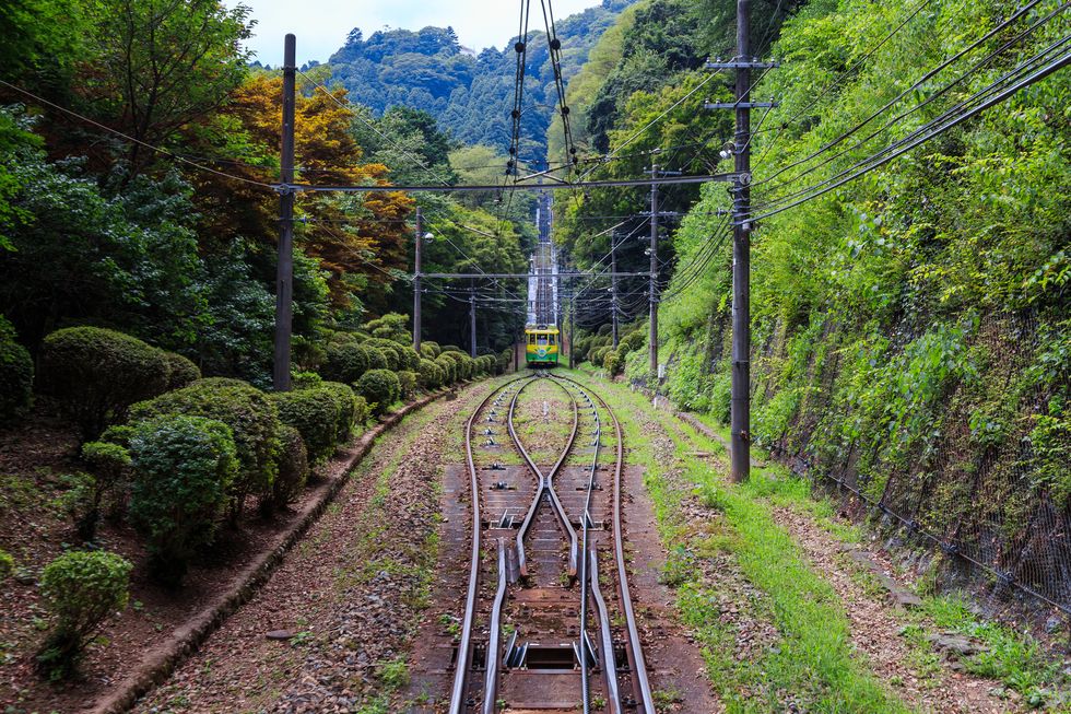 cable car from low angel view in mt takao in summer
