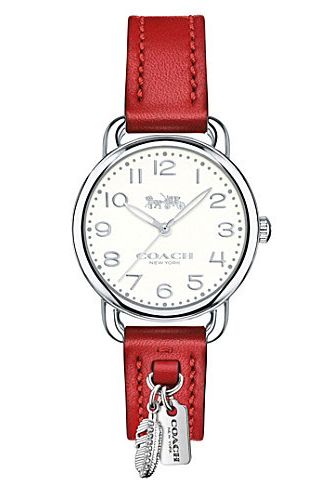 Watch, Analog watch, Watch accessory, Fashion accessory, Red, Jewellery, Strap, Brand, Rectangle, Material property, 