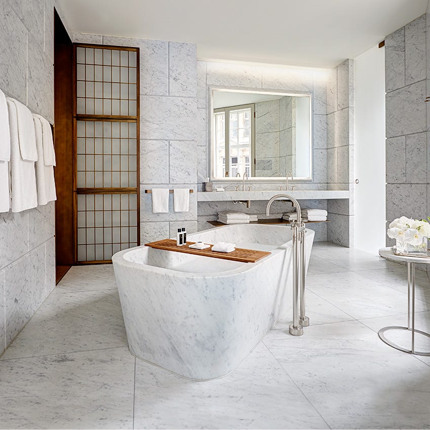 The marble bathroom in the Hotel Café Royal’s Dome Penthouse