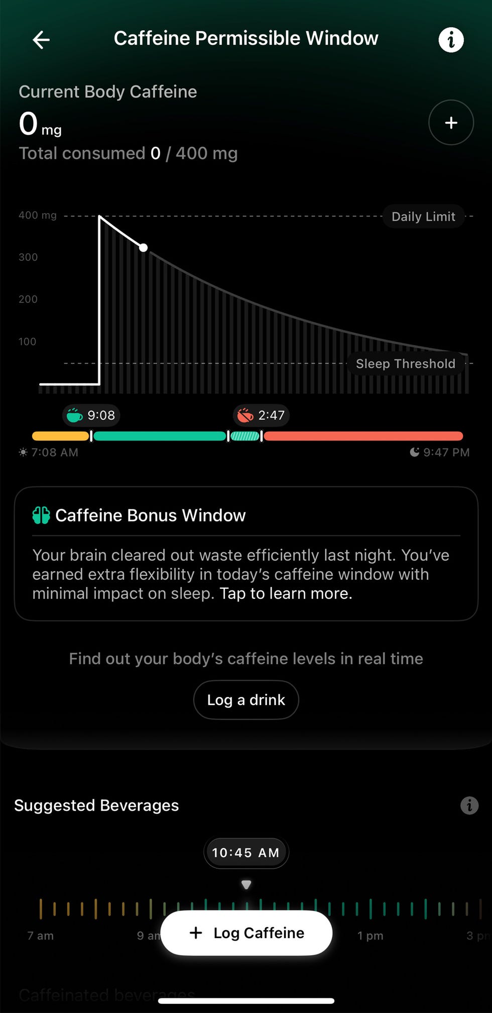 screenshot of a caffeine window in an app