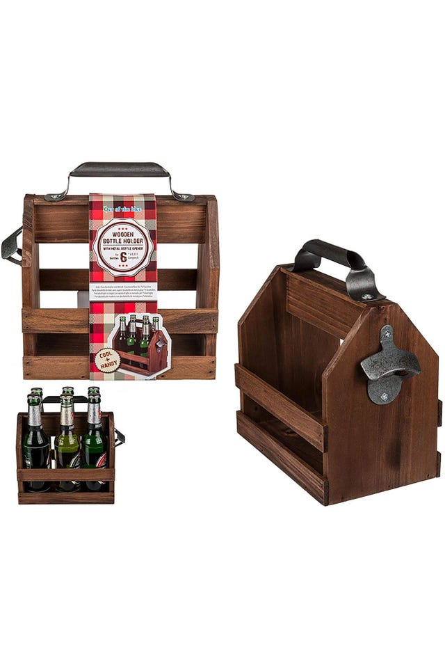 portabotellas de madera, con abrebotellas de metal