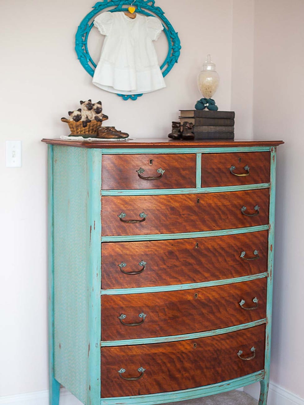 Chest of drawers, Drawer, Furniture, Chiffonier, Dresser, Turquoise, Room, Changing table, Wood stain, Hardwood, 