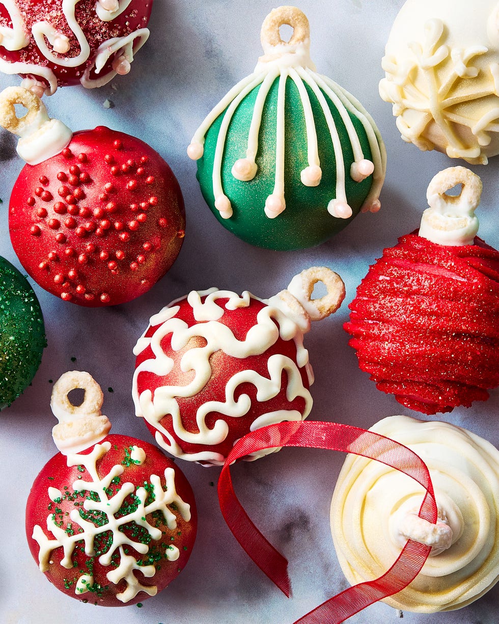 cake balls covered in icing and shaped like ornaments