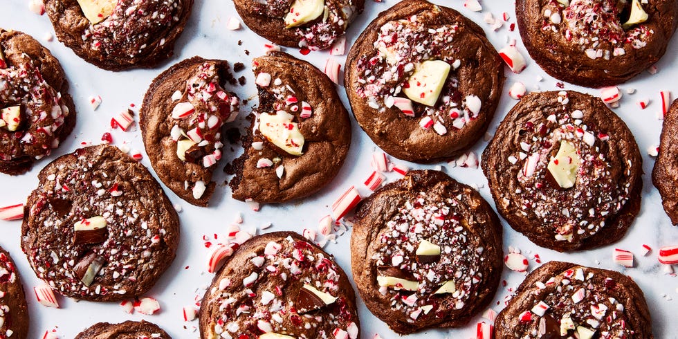 chocolate cookies with peppermint bark and white chocolate