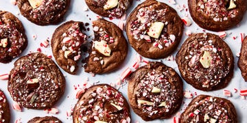 chocolate cookies with peppermint bark and white chocolate