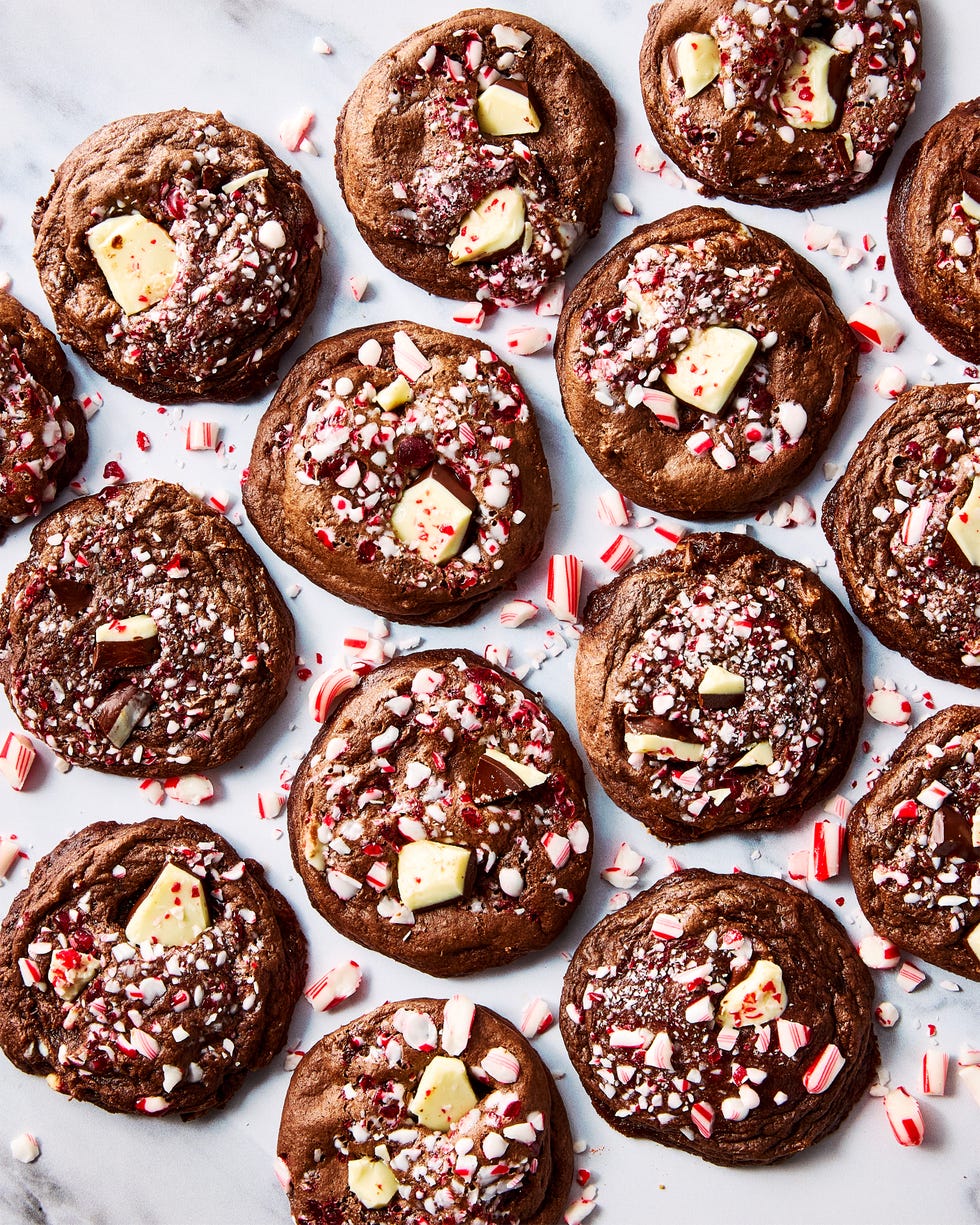 chocolate cookies with peppermint bark and white chocolate