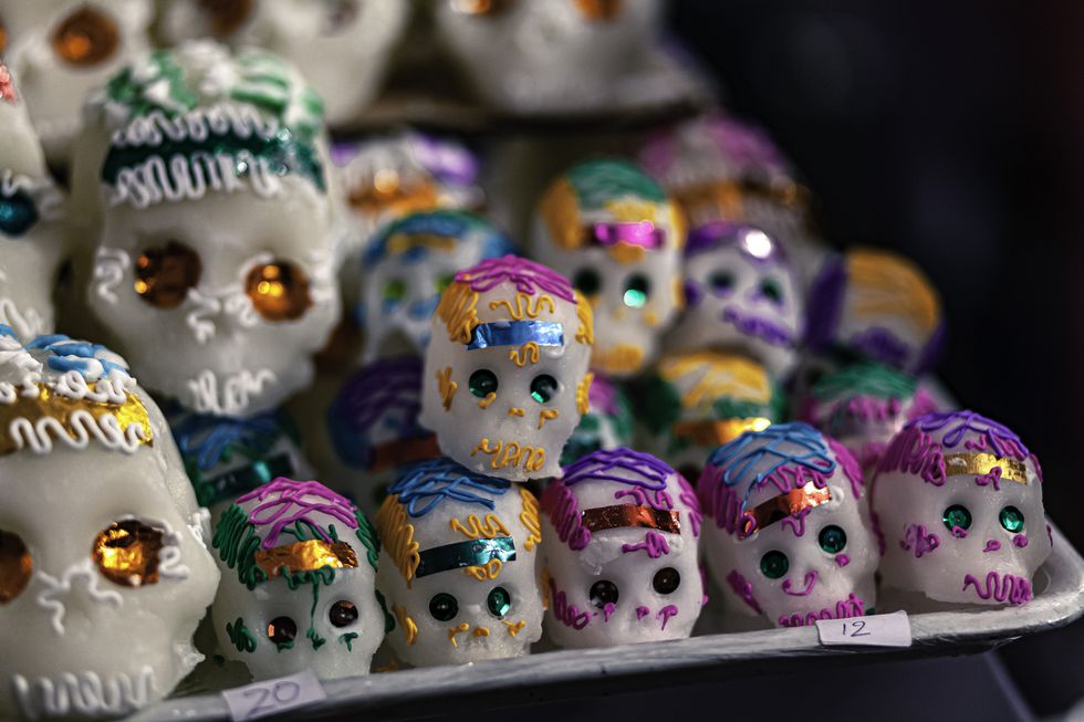 decorated sugar skulls or calaveras for day of the dead