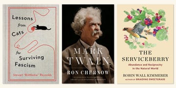 books, california bestsellers, lessons from cats for surviving fascism by stewart reynolds, mark twain by ron chernow, the serviceberry by robin wall kimmerer