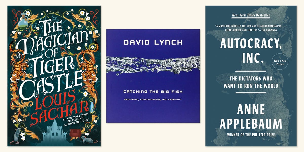 books, california bestsellers, the magician of tiger castle by louis sachar, catching the big fish by david lynch, autocracy inc by anne applebaum