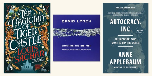 books, california bestsellers, the magician of tiger castle by louis sachar, catching the big fish by david lynch, autocracy inc by anne applebaum