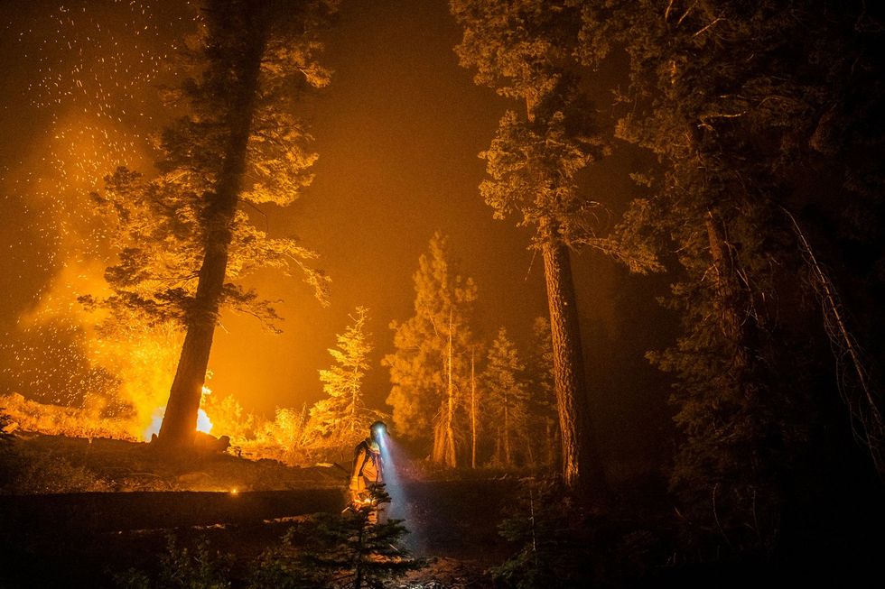 Californi werd in 2020 getroffen door het zwaarste bosbrandseizoen in zijn geschiedenis Op de foto is te zien hoe een brandweerman door het Sierra National Forest loopt dat op dat moment nog door het Creek Fire werd geteisterd Het vuur brak begin september uit ontwikkelde zich tot de grootste afzonderlijke natuurbrand in de geschiedenis van de staat en heeft ruim 150000 hectare natuurgebied in de as gelegd Brandweerlieden hopen de brand tegen het einde van het jaar onder controle te krijgenUitBekijk de recordbranden in Californi door de ogen van brandweerlieden in de frontlinie