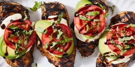 california grilled chicken topped with avocado, tomato, mozzarella and balsamic