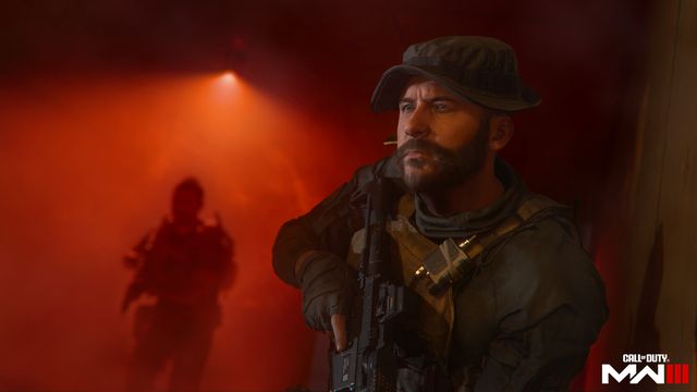 Call of Duty Modern Warfare III John Price dengan senjatanya dengan latar belakang sorotan merah