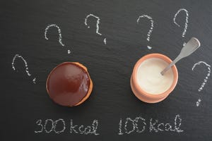 calories counting concept, the chocolate cake and the jar of yogurt with calorie labels