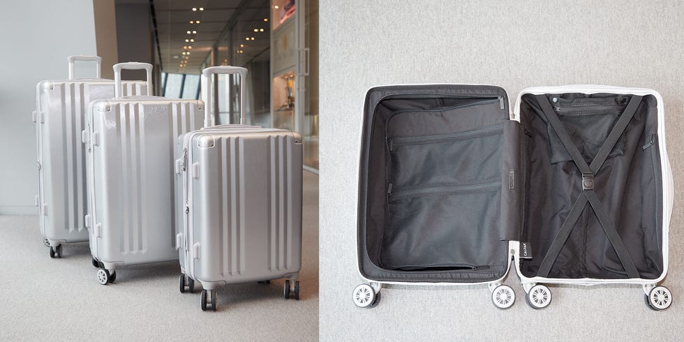 three calpak suitcases open and closed