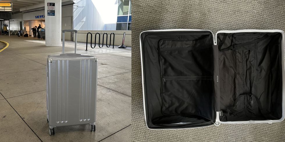 a calpak suitcase at the airport and an open calpak suitcase