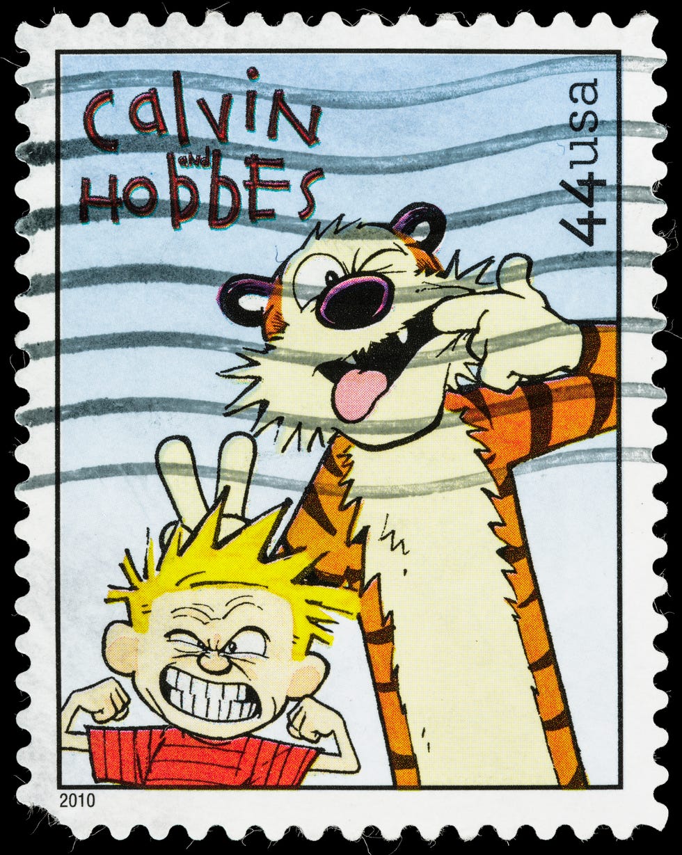a postage stage featuring cartoon characters calvin and hobbes making funny faces