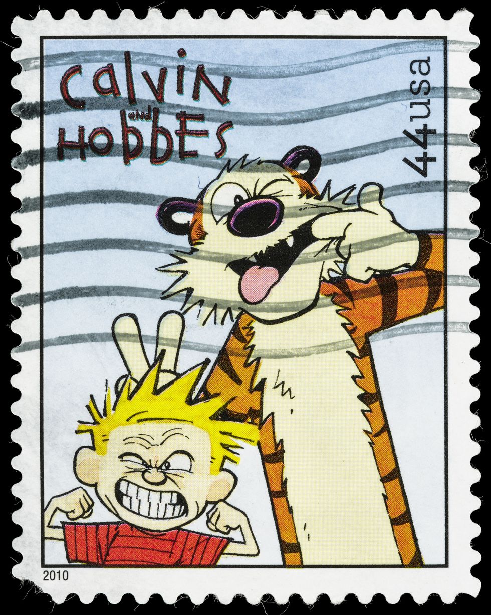 a postage stage featuring cartoon characters calvin and hobbes making funny faces