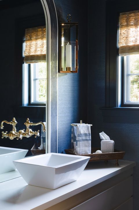 powder room, white sink, gold faucet, dark wallpaper