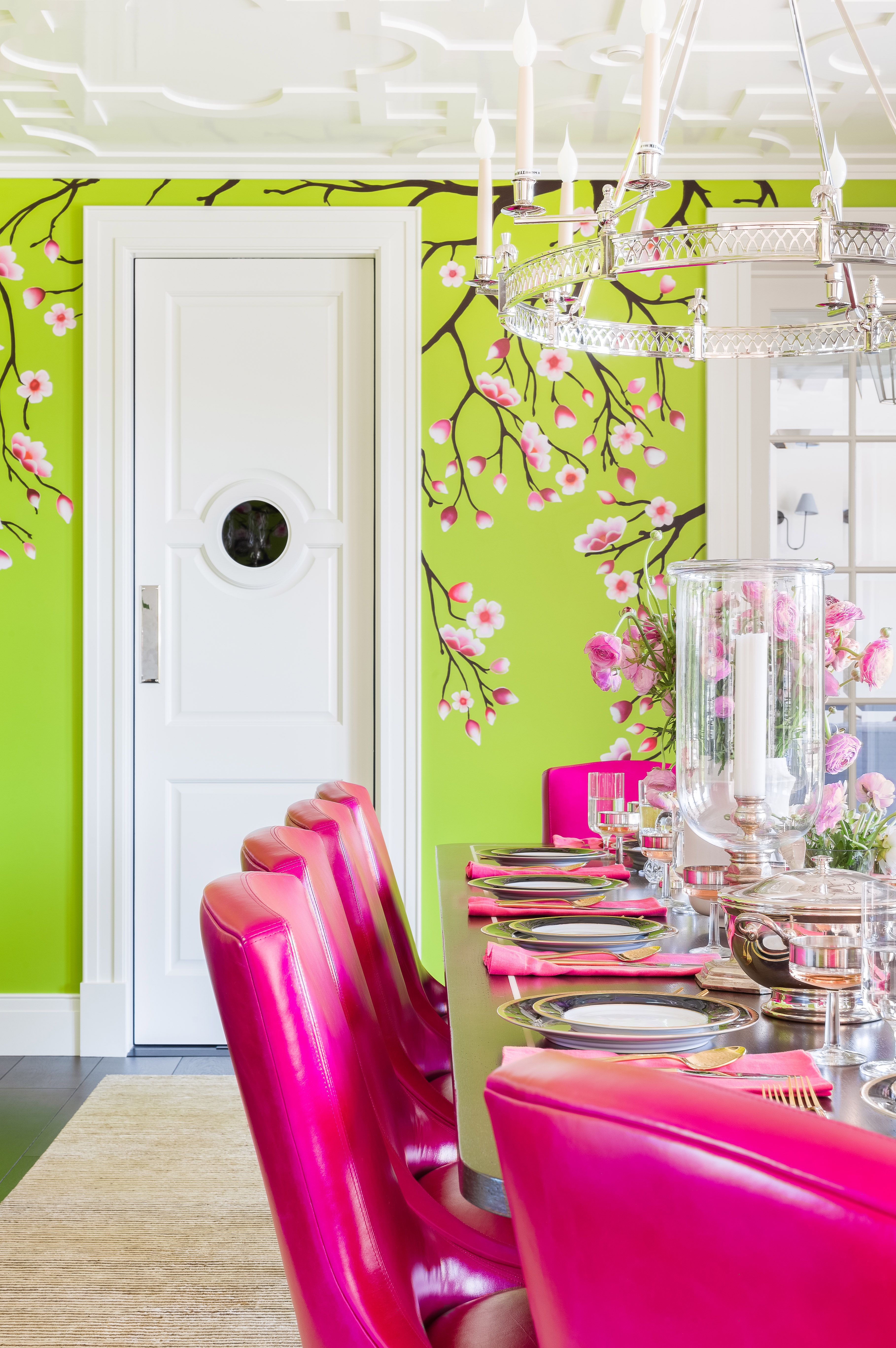 dining room, green walls, pink dining chairs