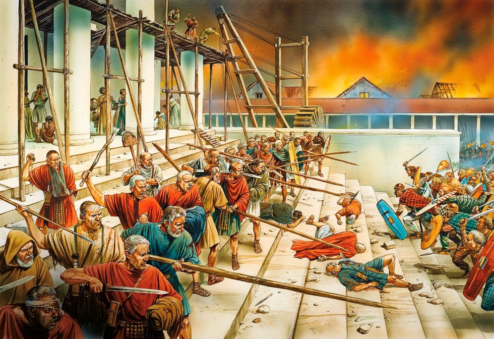 De Britten vallen aanDeze hedendaagse illustratie van de hand van Peter Dennis toont een gevecht tussen de rebellen van Boudica en de Romeinse bewoners van Camulodunum die proberen de tempel te verdedigen