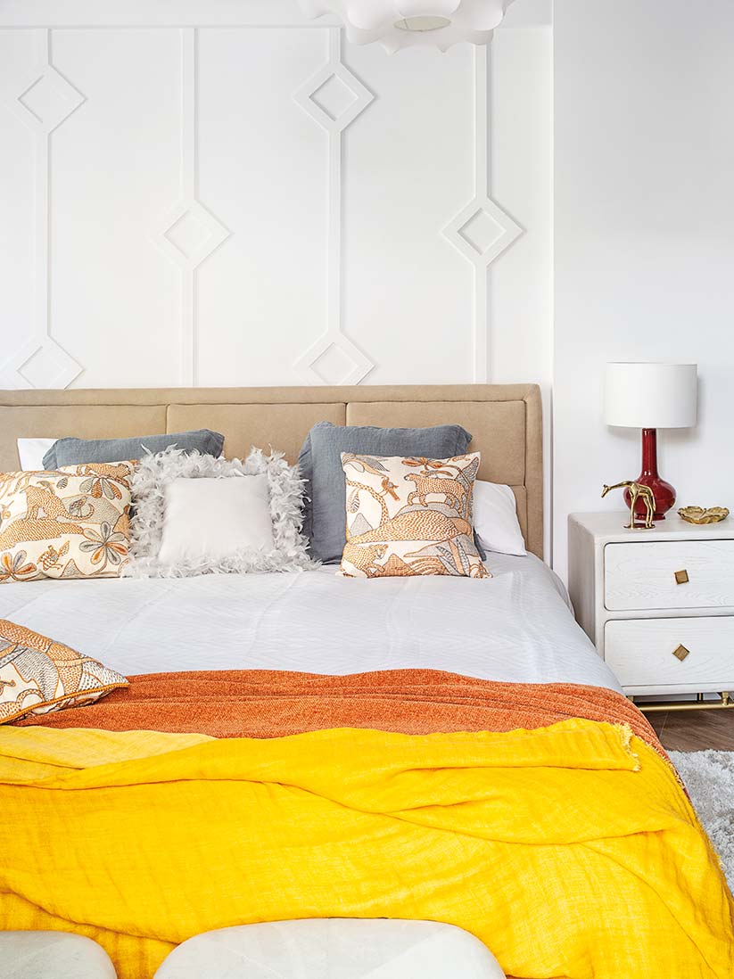 Bedroom, Furniture, Bed, Bed sheet, Room, Orange, Yellow, Bedding, Bed frame, Interior design, 