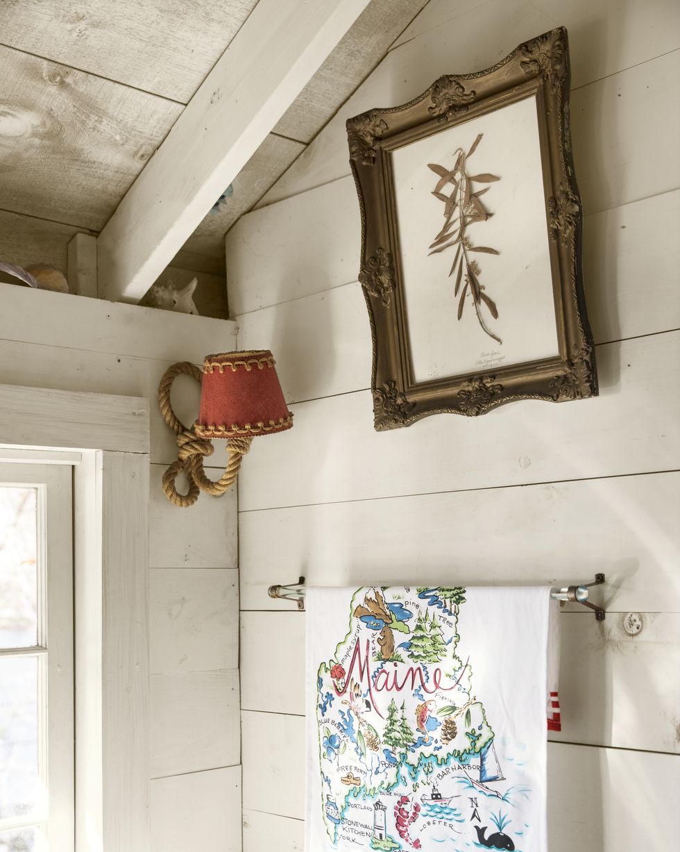 patina in the pines shingled camp house in camden, maine home of kathleen hackett bathroom with rope sconces