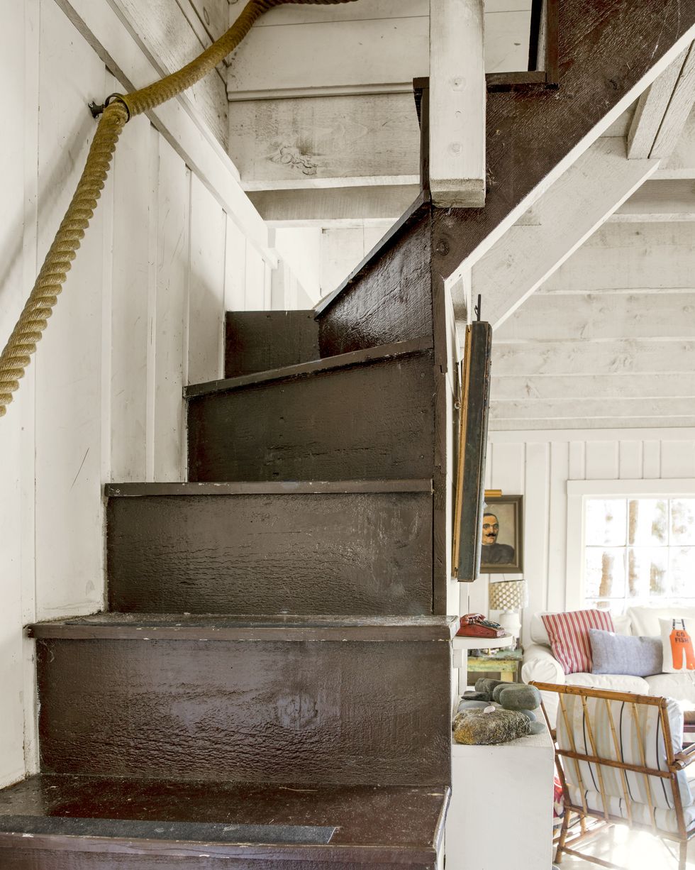 patina in the pines shingled camp house in camden, maine home of kathleen hackett staircase with ship rope handrail