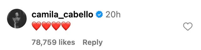 Publicación en redes sociales de Camila Cabello expresando afecto.