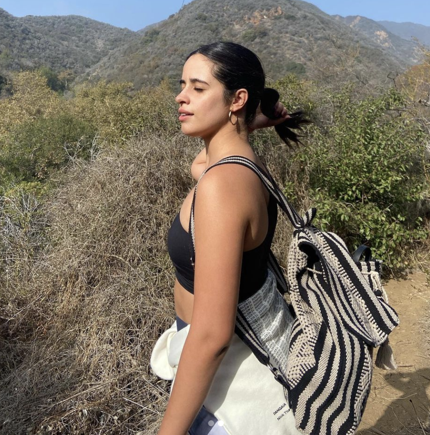 Camila Cabello sports a set of beige sport bra and leggings while out on a  hike