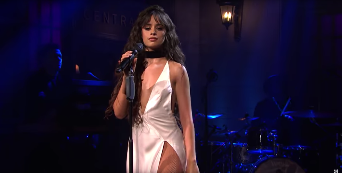 Camila Cabello Wears Thigh-Slit Dress to Sing About Shawn Mendes on 